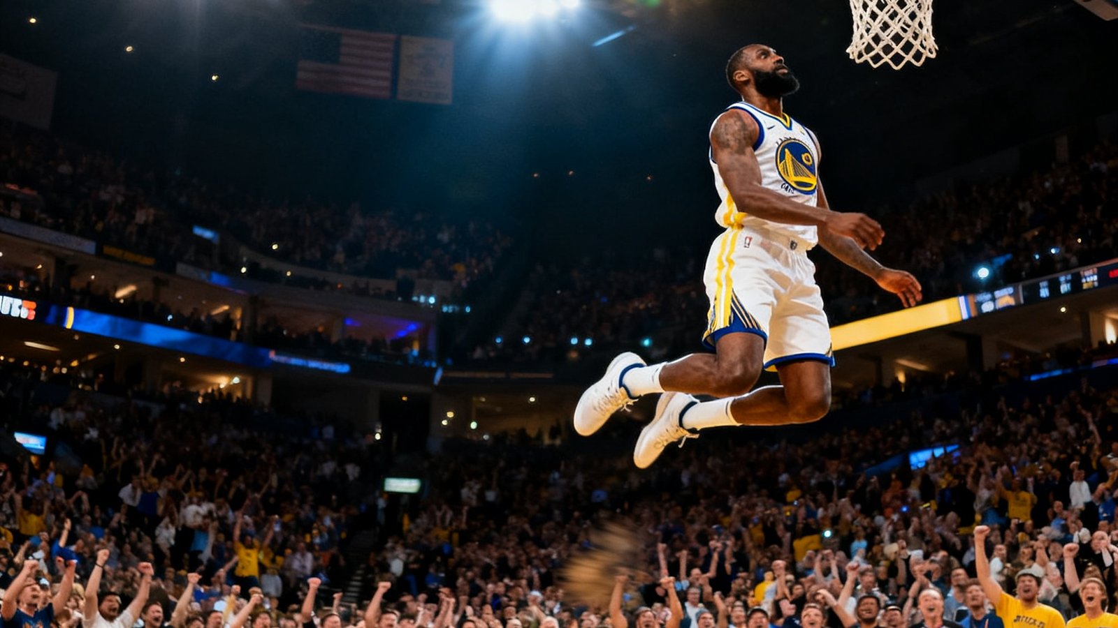 NBA季后赛高清直播画面，球员在聚光灯下飞身扣篮，球馆内数万名观众欢呼沸腾，画面清晰度达到1080P级别